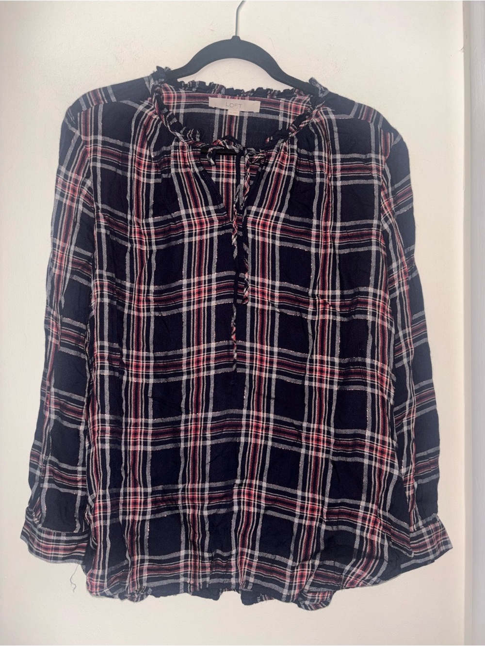 LOFT Navy Plaid Ruffle-Neck Long Sleeve Blouse
